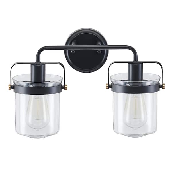 Merra 16 in. 2-Light Matte Black Vanity Light with Clear Glass Shade