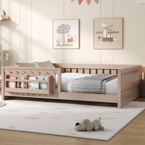 Natural/Beige Wood Frame Full Size Platform Bed with Guardrail and Storage Shelves