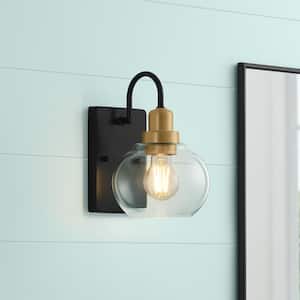 Halyn 4.5 in. 1-Light Matte Black Indoor Wall Sconce with Vintage Brass Accents and Clear Glass Shade