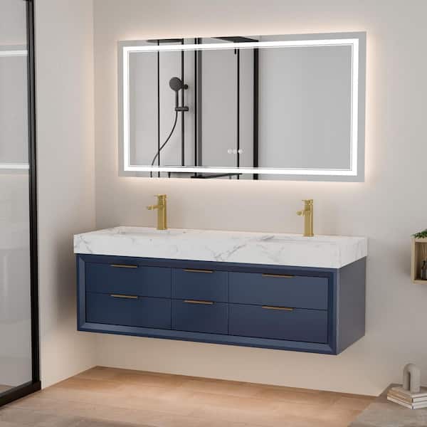 Wenlorin 60 in. Double Sinks Floating Blue Bath Vanity with White Engineered Marble Top Pre-Assembled