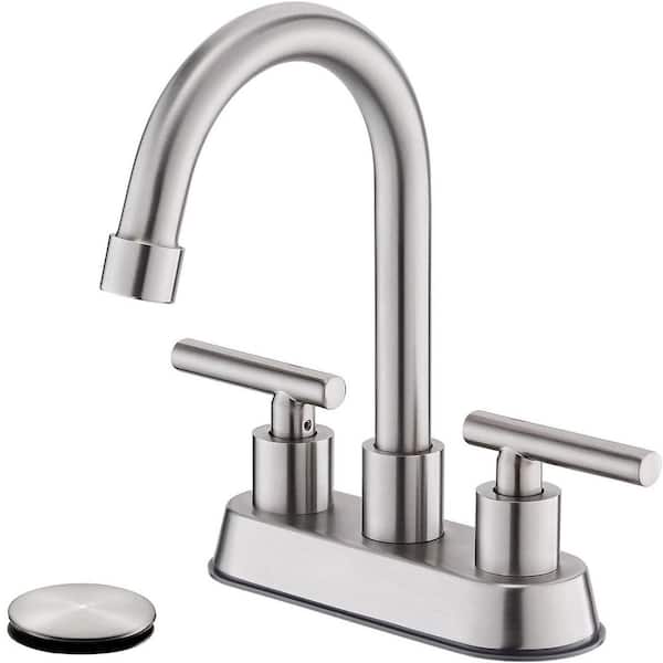 MTTCLE 4 in. Centerset Double Handle High Arc Bathroom Faucet with Drain Kit Included in Brushed Nickel