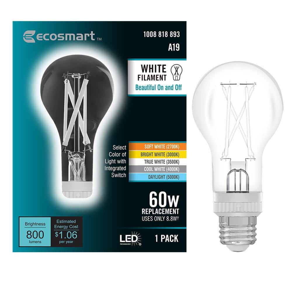 60-Watt Equivalent A19 Dimmable White Filament CEC Clear Glass E26 Medium Base LED Light Bulb Selectable White (1-Bulb) -  EcoSmart, A19605CCTCWFECP