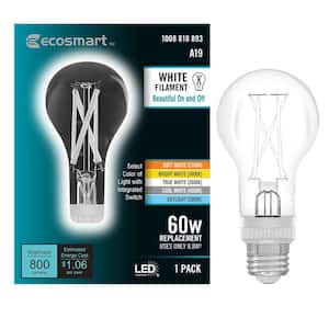 60-Watt Equivalent A19 Dimmable White Filament CEC Clear Glass E26 Medium Base LED Light Bulb Selectable White (1-Bulb)