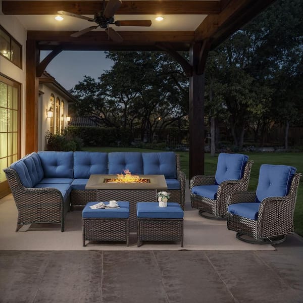 Brown 6-Piece Wicker Patio Fire Pit Set, Outdoor Sectional Seating Set with Olefin Navy Blue Cushions and Swivel Rockers