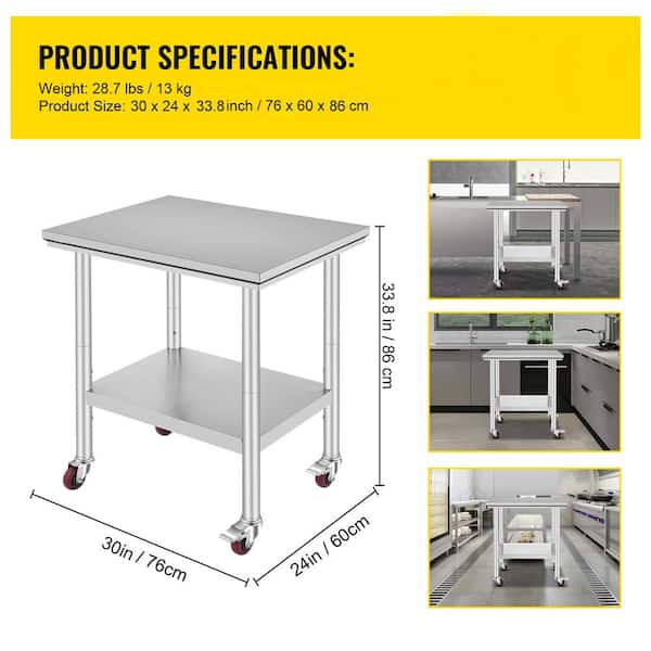 Stainless Steel Work Table 30 x 24 x 33 in., 300 lbs. Capacity, Heavy-Duty Kitchen Prep Table with 4-Wheels, Silver
