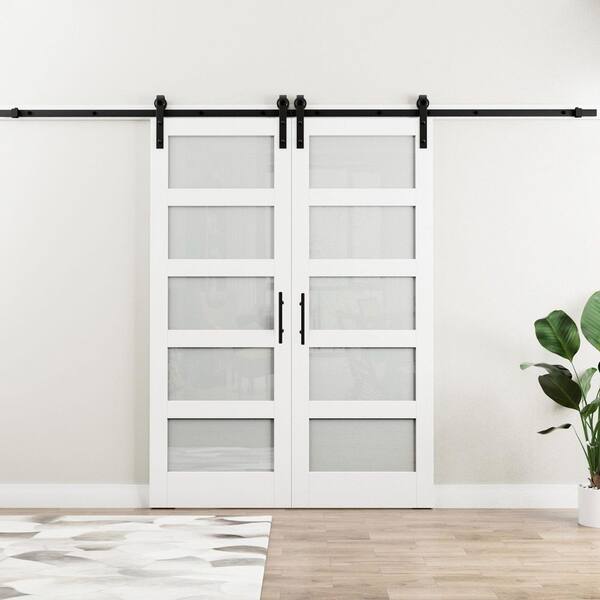 60 in. x 96 in. 5-Lites with Frosted Glass White MDF Sliding Barn Door with Hardware Kit (Soft Close Include)