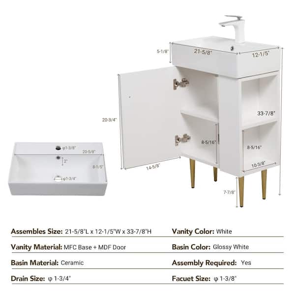 Ziyudura 21.6 in. Single Sink Freestanding White Bath Vanity with