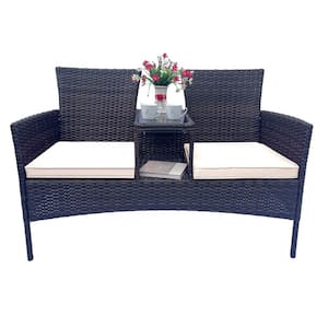 Brown 1 Piece Wicker Patio Conversation Furniture Set,with Beige Cushions and Table,Modern Rattan Bench for Garden Lawn