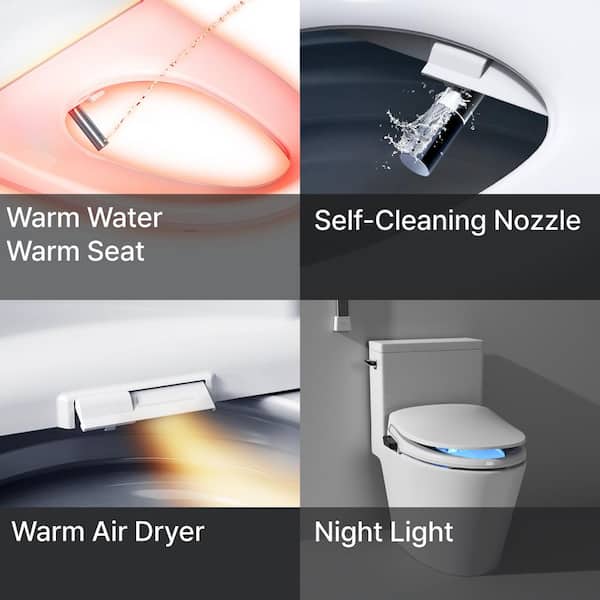 Electric Bidet Seat for Elongated Toilets with Tankless, Stainless Nozzle, Night Light, Soft Close, Heated Seat in White