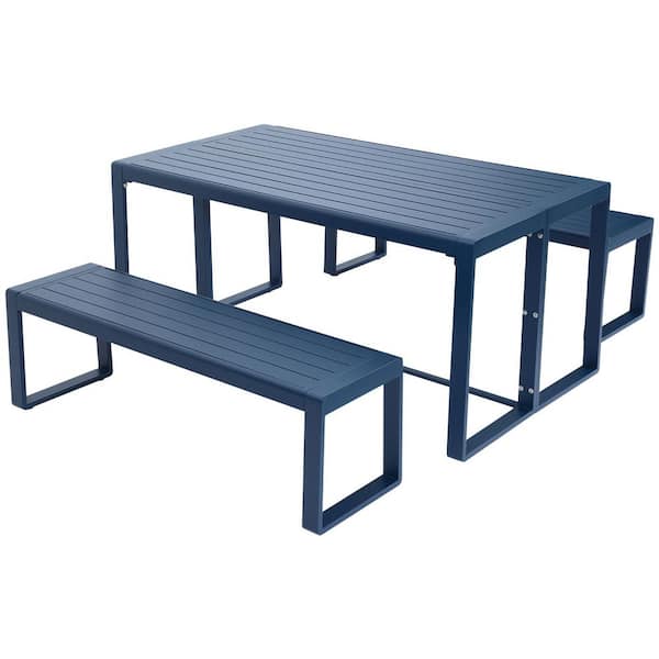 Aoodor 37 in. Dark Blue Rectangle Aluminum Patio Picnic Tables with Bench Seats 6-People