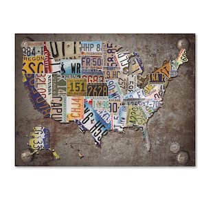 USA License Plate Map On Metal by Masters Fine Floater Frame Travel Wall Art 14 in. x 19 in.