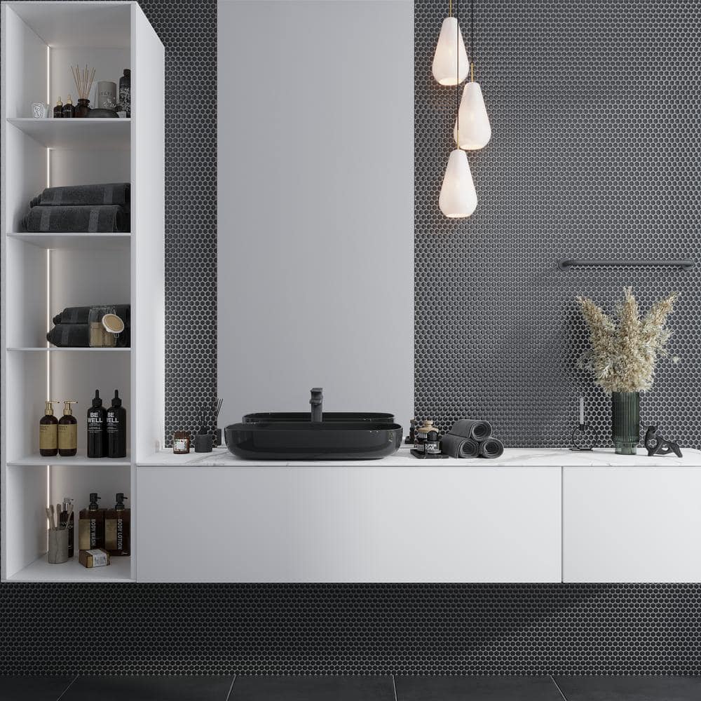 Cirkel 11.46'' x 12.4'' Glossy Black Porcelain Penny Tile Mosaic
