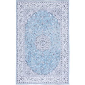 Tuscon Blue/Gray 8 ft. x 10 ft. Machine Washable Border Floral Area Rug