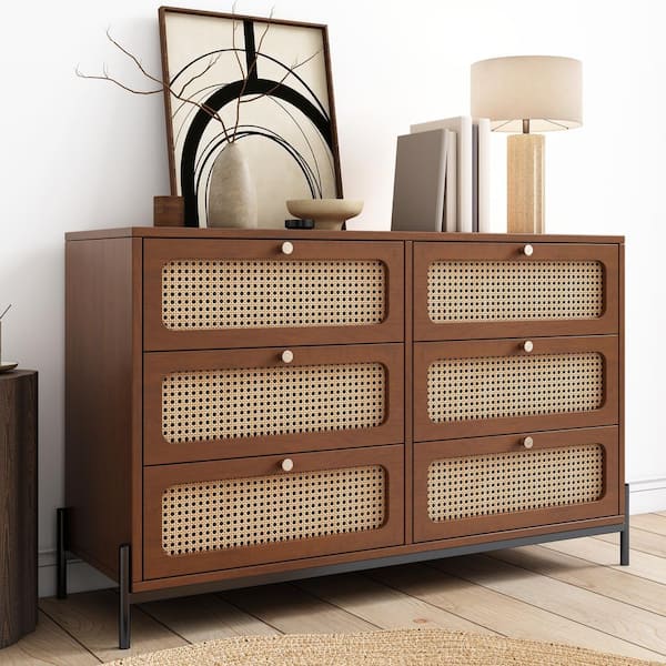 Harper & Bright Designs Walnut Modern Cannage Rattan Wood 6-Drawer 47 in. Wide Dresser