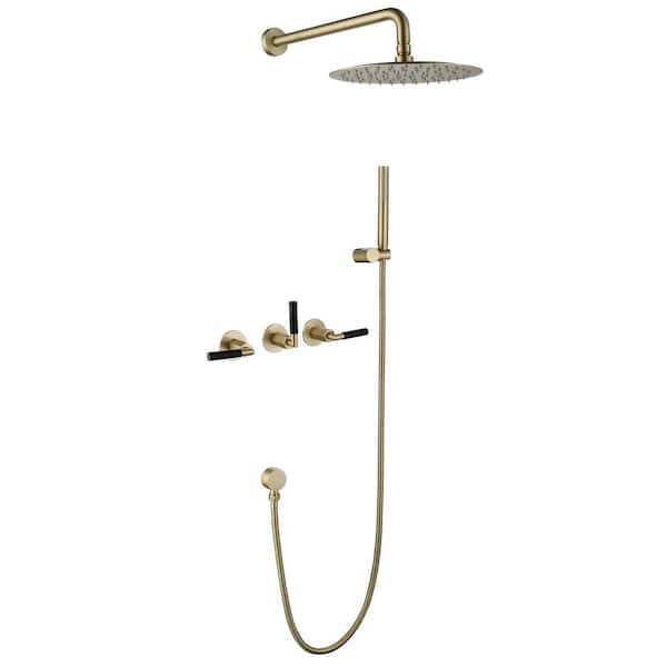 FLG Triple Handle 1-Spray Shower Faucet 1.8 GPM with Ceramic Disc Valves and Hand Shower Brass Shower System in Brushed Gold