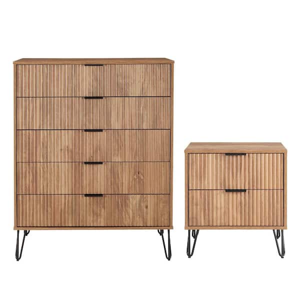 DUMBO Golden Brown 2-Drawer 20.07 in. Nightstand and 5-Drawer 35.19 in. Dresser with SNAP Tool-Free Assembly