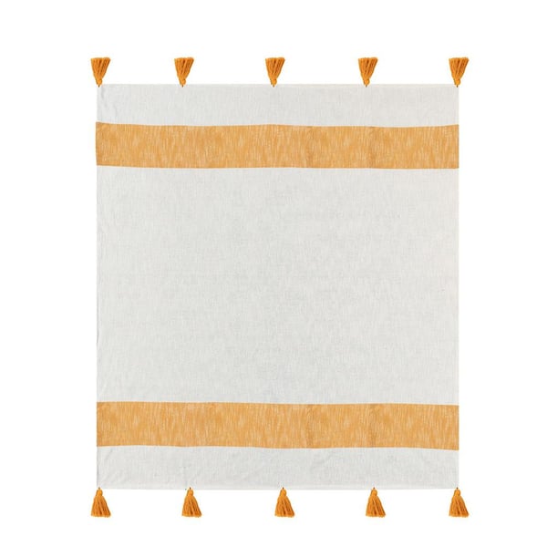 Bliss Gold Yellow/White Hand-Woven Striped Farmhouse All Natural Cotton Throw Blanket