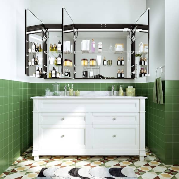 60 in. W x 36 in. H Rectangular Aluminum Dimmable LED Lighted Fogless Bathroom Medicine Cabinet with Mirror and Clock