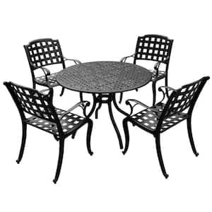 Brown 5-Piece Aluminum Round Mesh Outdoor Dining Set With 4-Chairs