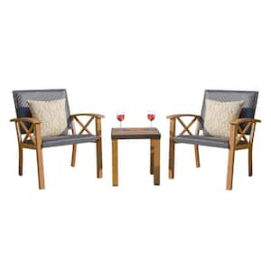 3 Pieces Wicker Patio Bistro Set Wood Grain Aluminum Wicker Padded Porch Chairs, Coffee Table, Beige Sunbrella Pillows