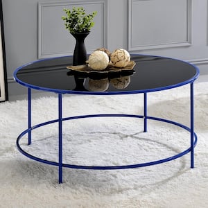 Skyes 36 in. Blue Coating Round Glass Top Coffee Table