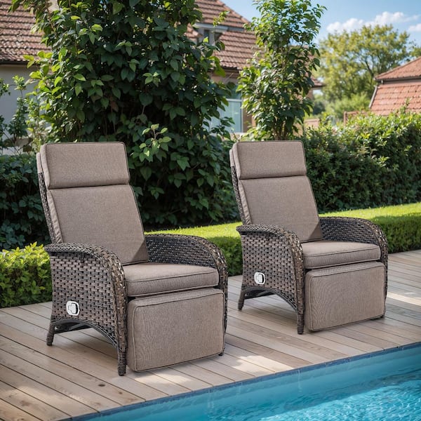 PlainCurve 2-Piece Brown Wicker Outdoor Patio Adjustable Recliner Chair with Gray Cushions