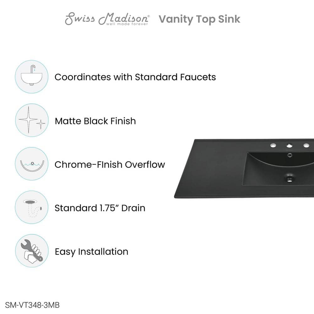 Matte Black Ceramic Vanity Sink Top with Three Faucet Holes
