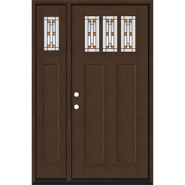 Steves & Sons Regency 53 in. x 80 in. 3Lite Amberton Deco Glass RHIS Hickory Stain Fir Grain Fiberglass Prehung Front Door w/14in.SL