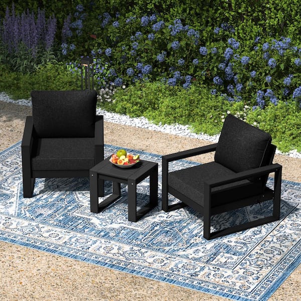 Endless Outdoor 3-Piece All Weather Black HDPE Plastic Deep Seating Patio Lounge Chair Conversation Set, Black Cushions
