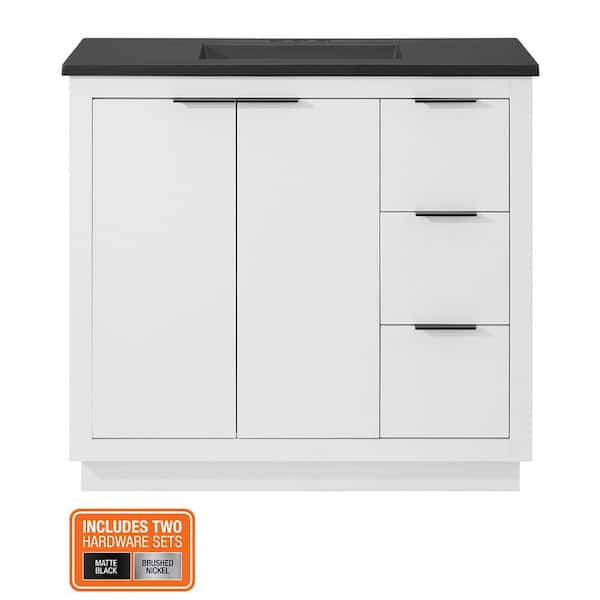 Harlock 37 in. Single Sink White Bath Vanity with Black Cultured Marble Top (Assembled)