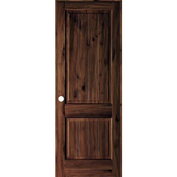 Krosswood Doors 36 in. x 96 in. Knotty Alder 2 Panel Right-Hand Sq. Top V-Groove Red Mahogany Stain Wood Single Prehung Interior Door