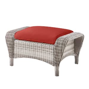 Beacon Park Gray Wicker Outdoor Patio Ottoman with CushionGuard Chili Red Cushions