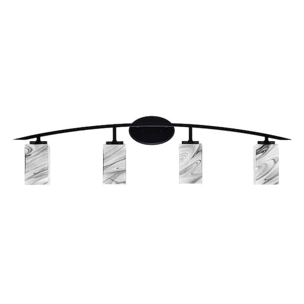 Unbranded Siena 40 in. 4-Light Matte Black Vanity-Light with 3.5 in. Square Onyx Swirl Glass Shades No Bulbs Included