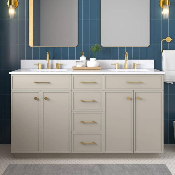 Marcote 60 in. Double Sink Greige Bath Vanity with White Volakas Engineered Marble Top (Assembled)