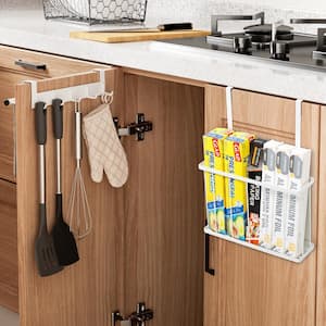 2-Piece Over Cabinet Door Organizer with Towel Bar and Towel Holder with Hooks for Kitchen and Bathroom in White