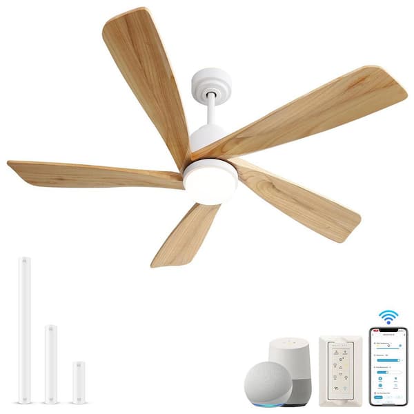 Sofucor 52 in. Indoor/Outdoor Smart White Wood Ceiling Fan with LED Light and Remote APP Control