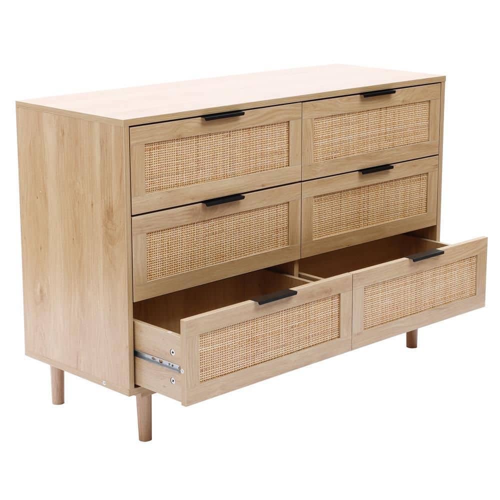 Light Oak Woodgrain Mid-Century Modern 6-Drawer Dresser
