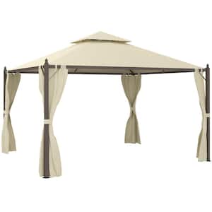10 ft. x 12 ft. Beige Outdoor Patio Gazebo with Polyester Privacy Curtains, Two-Tier Roof