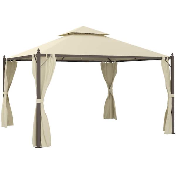 Outsunny 10 ft. x 12 ft. Beige Outdoor Patio Gazebo with Polyester Privacy Curtains, Two-Tier Roof