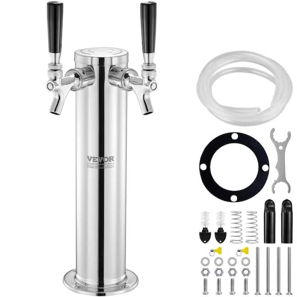 VEVOR Dual Taps Draft Beer Tower Dispenser Silver Stainless Steel Keg Beer Tower Kegerator Tower Kit with Pre-Assembled Tubing