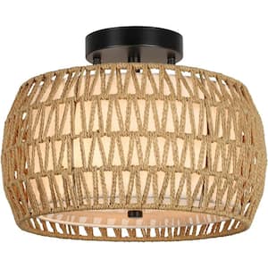 13 in. 3-Light Black Modern Semi-Flush Mount with Hand-woven Natural Rattan Shade and No Bulbs Included