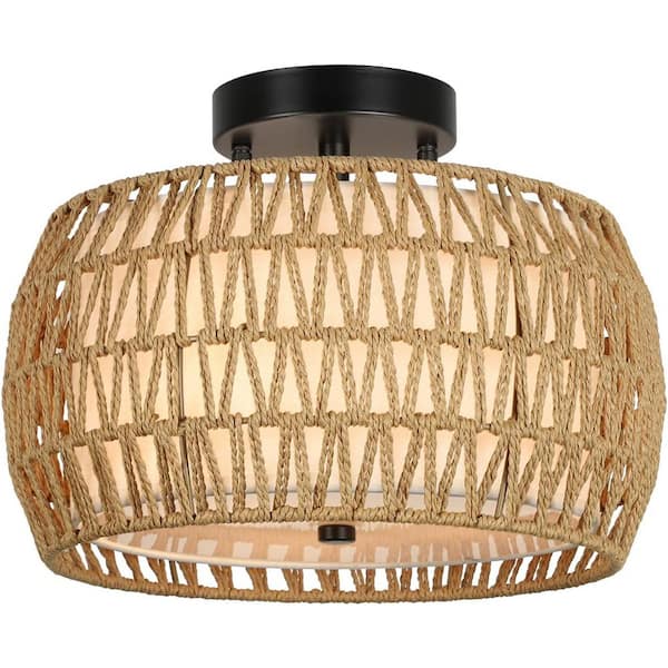 Staykiwi 13 in. 3-Light Black Modern Semi-Flush Mount with Hand-woven Natural Rattan Shade and No Bulbs Included