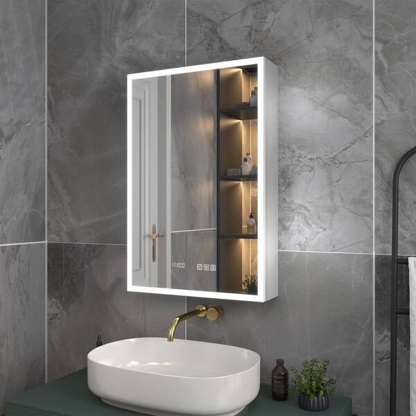20 in. W x 30 in. H Rectangular Silver Aluminum Recessed/Surface Mount Left Medicine Cabinet with Mirror, LED and Clock