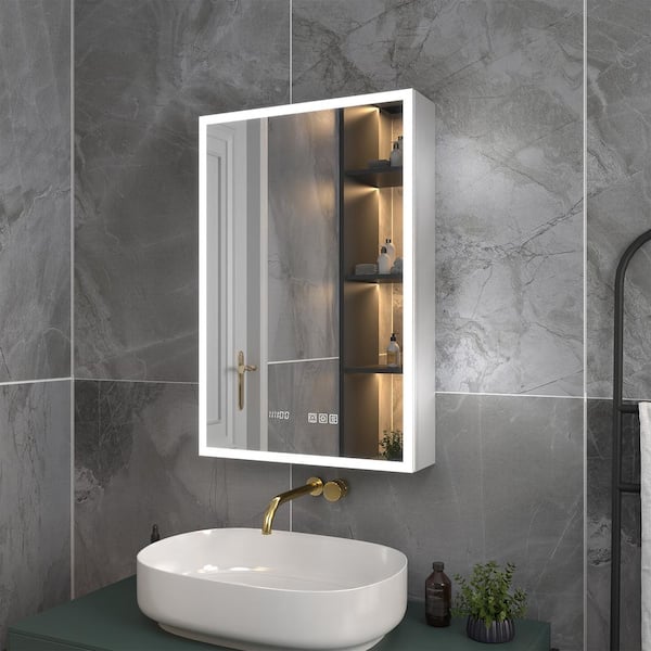 20 in. W x 30 in. H Rectangular Silver Aluminum Recessed/Surface Mount Left Medicine Cabinet with Mirror, LED and Clock