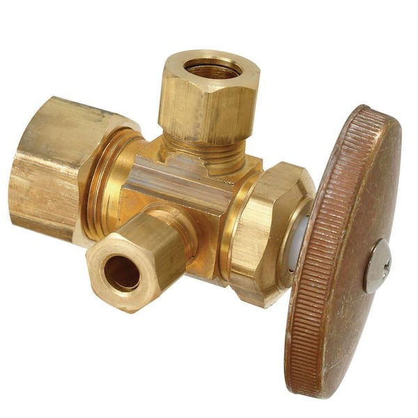 BrassCraft 1/2 in. Nom Comp Inlet x 3/8 in. O.D. Comp x 1/4 in. O.D. Comp Left Side Dual Outlet Multi-Turn Rough Brass Valve
