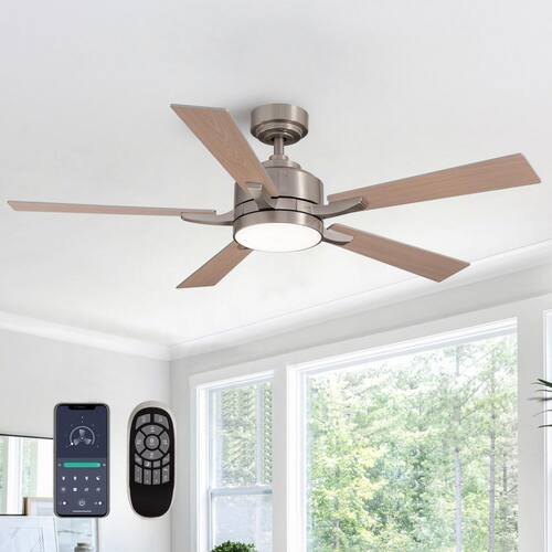 52 in. Modern Indoor Bronze 3-Colors LED 6-Speeds Industrial Ceiling Fan with Light Kit and Remote Brushed Nickel Finish FANNEHONNE Ceiling Fans With Lights
