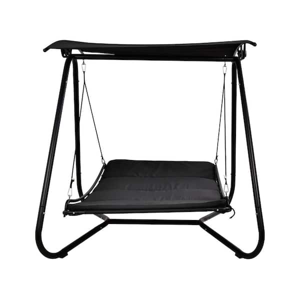 Unbranded 59 in. 1-Person Black Metal Patio Swing with Canopy and Cushion for Patio, Backyard, Garden, Porch