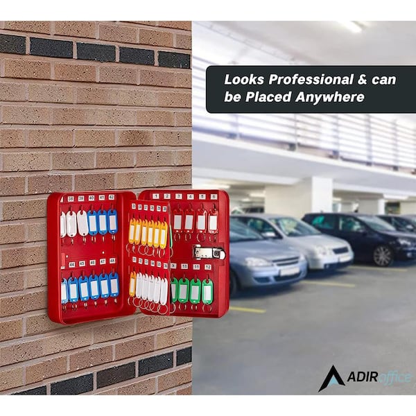 AdirOffice - 48-Key Steel Heavy-Duty Safe Lock Box Key Cabinet with Combination Lock, Red with 148-Key Tags