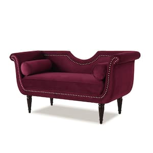 Luna 21.5 in. Burgundy Velvet 2-Seater Hollywood Settee with Nailheads
