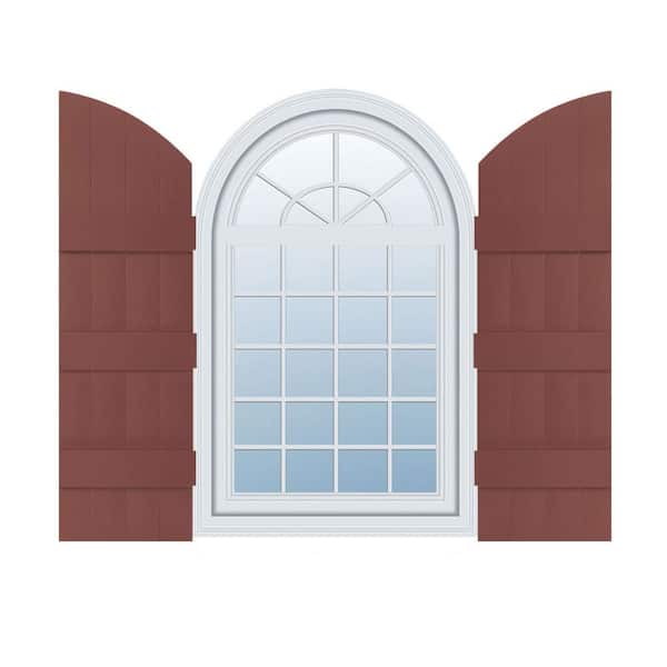 Ekena Millwork 14 in. x 57 in. Lifetime Vinyl Standard Four Board Joined w/ Archtop Board and Batten Shutters Pair Burgundy Red